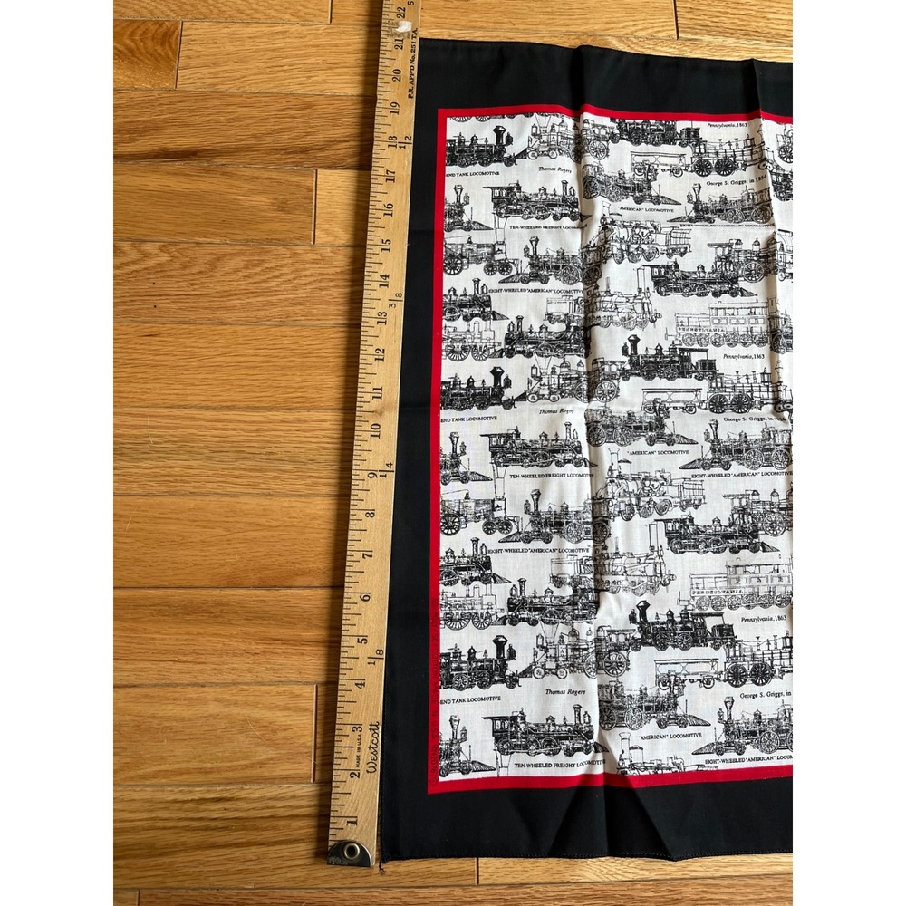 Vintage Steam Locomotive Train Print Square Scarf Black Red White 21x21 - Picture 3 of 5